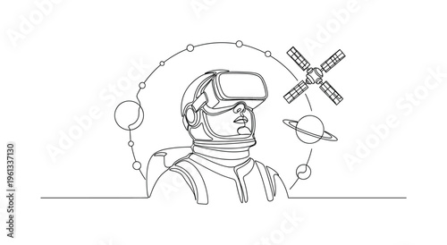 Virtual Space Training Scene. Minimalistic one-line drawing astronaut trainee using VR headset surrounded by simple orbit and planet elements, continuous