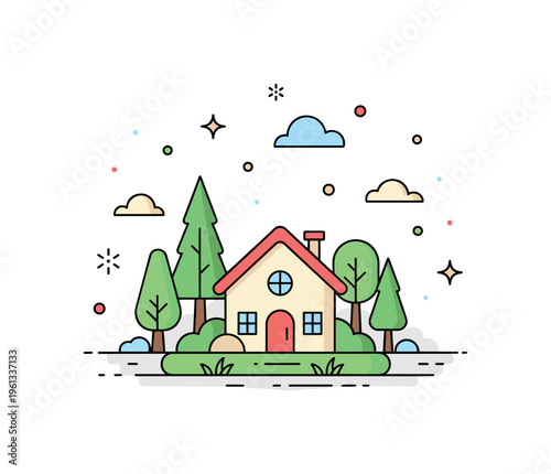Tiny forest home cottage charming little house in a forest clearing with trees and gentle nature elements around. Minimalist flat vector illustration, compact