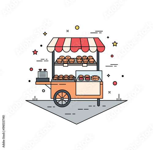 Mini pastry cart corner charming bakery cart with fresh baked treats displayed on a small counter while standing at a simple street corner. Minimalist flat