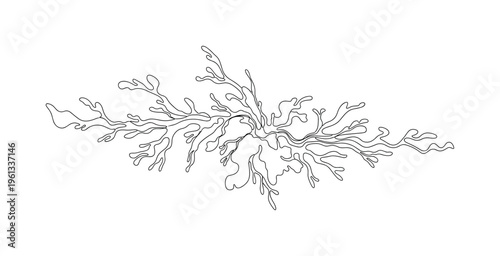Ink Diffusion Pattern. Minimalistic one-line drawing soft branching fluid lines spreading like ink clouds in water, continuous single black line on white