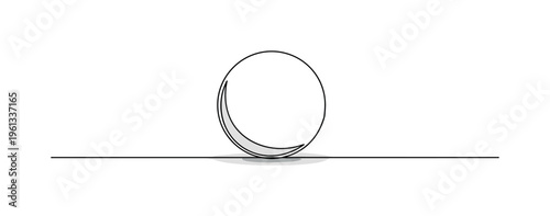 White Studio Setup. Minimalistic one-line drawing simple sphere resting on studio floor line with gentle shadow outline, continuous single black line on white