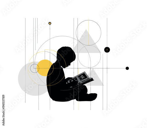child silhouette looking at photo album, geometric circles thin vertical lines and abstract shapes structuring storytelling moment, black and white child