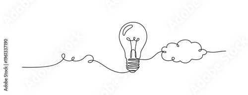 Pure Idea. Minimalistic one-line drawing abstract lightbulb emerging from a single continuous thought line, continuous single black line on white background,