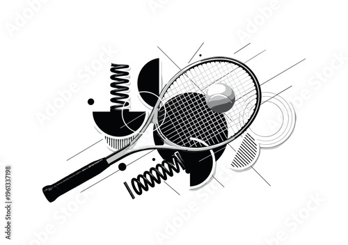 tennis racket with flying ball, geometric circles semicircles and thin diagonal lines structuring dynamic motion, black and white vintage tennis racket hitting