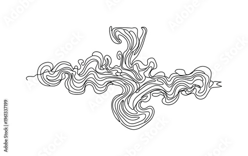 Ink Cloud Flow. Minimalistic one-line drawing layered swirling shapes representing suspended ink in water, continuous single black line on white background,