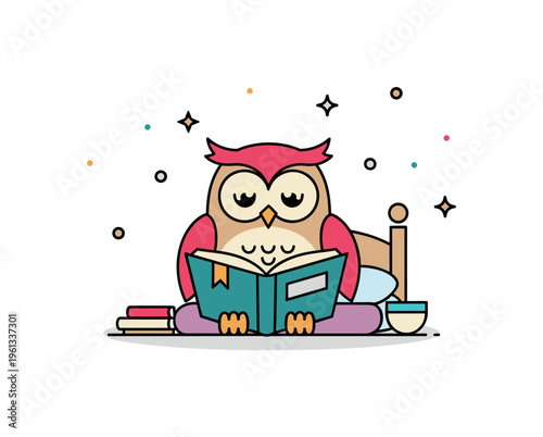 Owl bedtime reading scene charming owl sitting with an open book while tiny stars sparkle softly around the quiet night moment. Minimalist flat