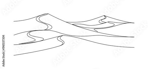 Soft Sand Dunes. Minimalistic one-line drawing smooth rolling sand dune curves forming calm desert landscape, continuous single black line on white background,