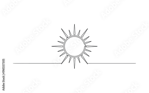 Sun as Universal Sign. Minimalistic one-line drawing balanced sun symbol with radial lines representing warmth and vitality, continuous single black line on