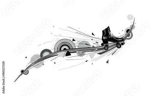roller skates on spring road, curved lines semicircles and geometric fragments suggesting energetic movement, black and white vintage roller skates gliding