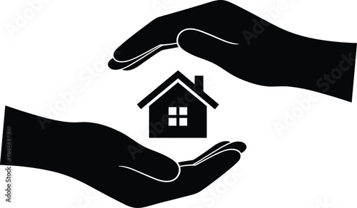 Black home insurance icon with human hands protecting a small house silhouette isolated on white background for real estate security and property protection concept
