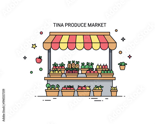 Tiny produce market stand adorable market stall with small baskets of fresh fruits and veggies arranged neatly under a cheerful awning. Minimalist flat vector