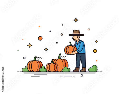 Little pumpkin harvest scene miniature farmer collecting pumpkins from the garden creating a cheerful autumn harvest illustration. Minimalist flat vector