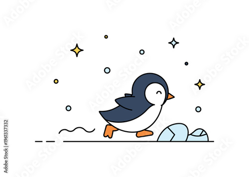 Little penguin ice fun small penguin gliding smoothly across ice while playful snow dots float around creating a joyful winter illustration. Minimalist flat