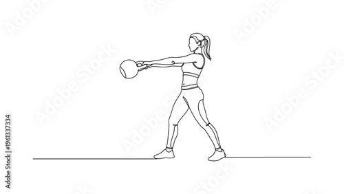 Woman Kettlebell Workout. Minimalistic one-line drawing female athlete performing kettlebell swing exercise in a gym environment, continuous single black line