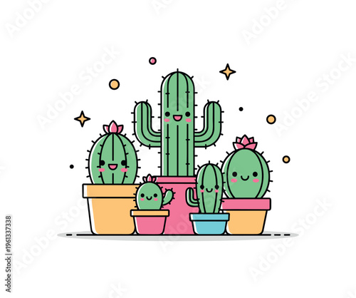Cute cactus family plants adorable cactus characters in colorful pots standing together like a happy plant family. Minimalist flat vector illustration, compact