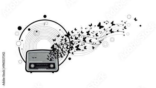 vintage radio releasing butterflies from speaker, concentric circles curved lines and geometric dots radiating airy motion, black and white retro radio with