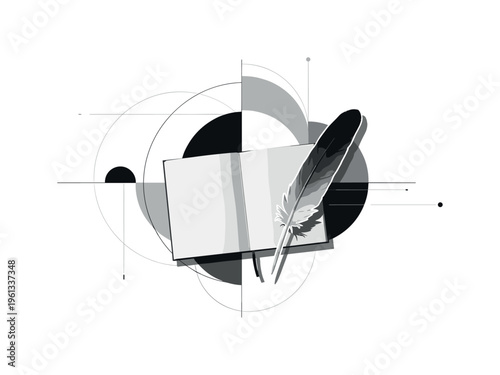 feather quill beside open notebook, geometric circles semicircles and thin lines structuring classic composition, black and white vintage quill pen resting