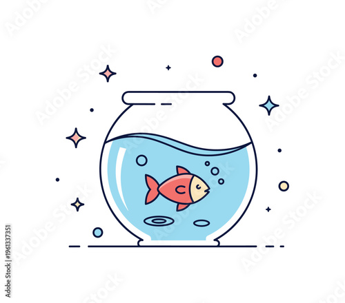Little fish bowl scene cute fish swimming gently inside a small round fishbowl with soft water ripples around it. Minimalist flat vector illustration, compact