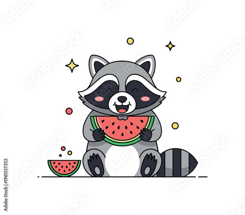 Watermelon raccoon snack scene adorable raccoon holding a bright watermelon slice while happily eating the refreshing fruit. Minimalist flat vector