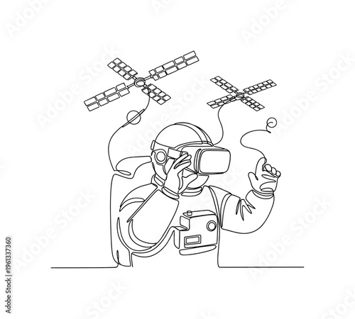 VR Astronaut Training Simulation. Minimalistic one-line drawing astronaut wearing virtual reality headset interacting with floating space station elements,