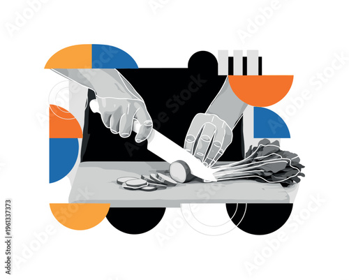 cutting board vegetable preparation with geometric circles semicircles and abstract blocks, black and white hands chopping fresh vegetables on a kitchen