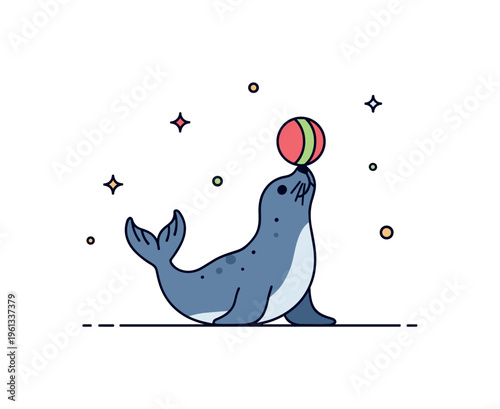 Seal balancing act cute seal performing a balancing trick with a bright ball on its nose while sitting on a flat surface. Minimalist flat vector illustration,
