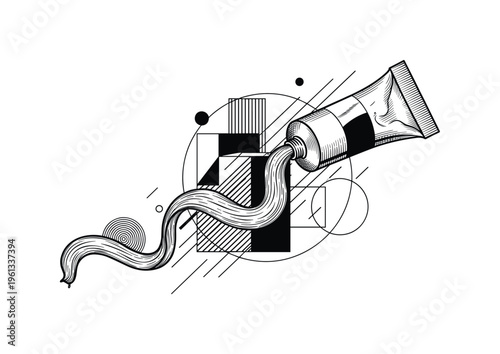 tube of paint squeezed open, geometric blocks circles and thin diagonal lines suggesting dynamic motion, black and white vintage paint tube releasing flowing