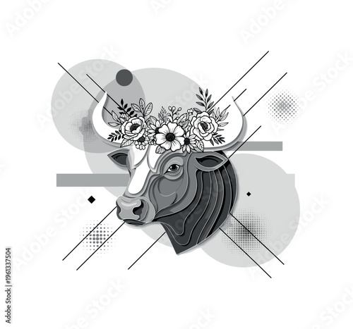 taurus bull with floral crown, geometric blocks circles and thin diagonal lines structuring symbolic composition, black and white bull head wearing crown made