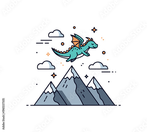 Little dragon mountain flight charming small dragon gliding above mountain peaks with gentle clouds and tiny sparkles for a playful adventure illustration.