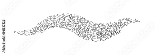 School of Fish Flow. Minimalistic one-line drawing elegant stream of small fish swimming together in synchronized formation, continuous single black line on