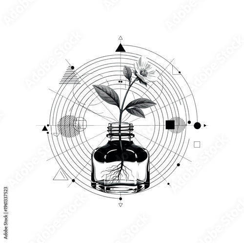 ink bottle with growing flower stem, concentric circles abstract lines and geometric fragments symbolizing inspiration, black and white vintage ink bottle with