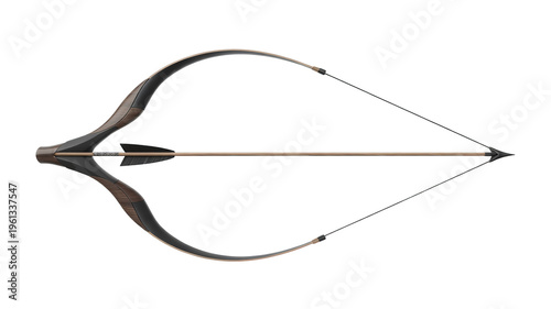 A modern recurve bow with a sleek design and a single arrow nocked and ready to fire on a plain white background