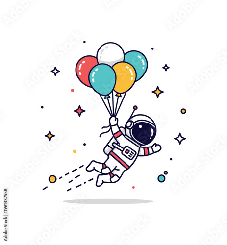 Little space explorer balloons adorable astronaut drifting in space with colorful balloons while stars twinkle softly nearby. Minimalist flat vector