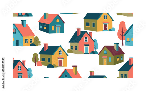 suburban houses seamless pattern, repeating pattern, surface design, textile print, soft color palette, modern illustration, flat vector decorative homes with