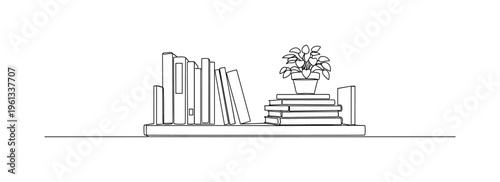 Wall Mounted Bookshelf. Minimalistic one-line drawing floating wall shelf with stacked books and small plant, continuous single black line on white background,