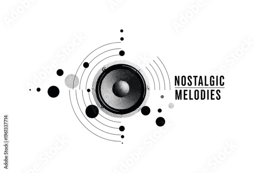 old radio speaker, circular frames curved lines and geometric dots emphasizing sound of past era, black and white vintage radio playing nostalgic melodies,