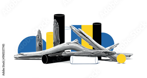 driftwood beach still life with abstract cylinders circles and graphic blocks, black and white driftwood lying on quiet spring beach with white outline cut-out