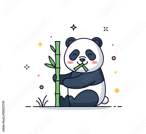 Little panda snack time adorable panda happily holding a bamboo stalk while sitting or standing in a gentle nature scene. Minimalist flat vector illustration,