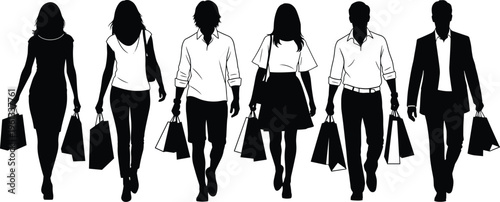 Black shopping people silhouette collection with men and women carrying bags for retail commercial branding mall sales posters and lifestyle fashion vector illustrations