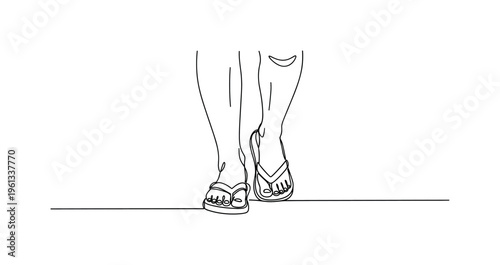 Summer Flip Flops. Minimalistic one-line drawing feet wearing flip-flops walking on a simple ground line suggesting warm weather, continuous single black line