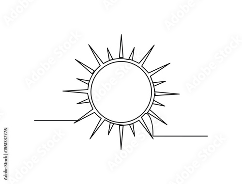Solar Energy Symbol. Minimalistic one-line drawing circular sun with stylized rays suggesting warmth and energy, continuous single black line on