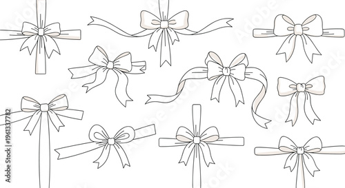 Gift Bow Icon Set Featuring Various Ribbons and Decorative Bows for Holiday, Celebration, and Packaging Designs