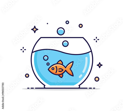 Tiny goldfish bowl moment small fish swimming peacefully in a simple fishbowl while bubbles rise through the water. Minimalist flat vector illustration,