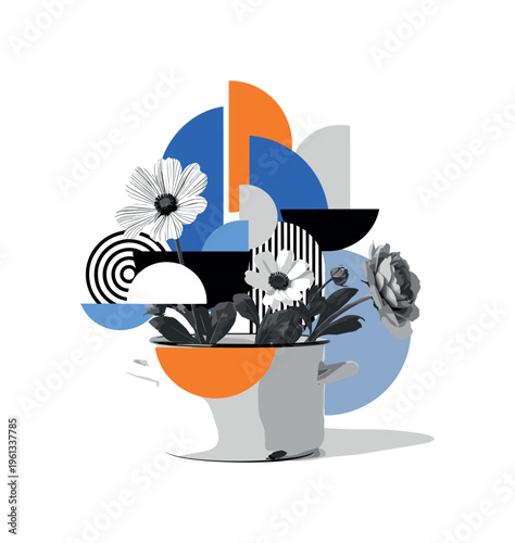 cooking pot flower still life with geometric circles semicircles and abstract shapes, black and white flowers placed inside a retro kitchen cooking pot with