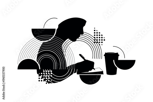 person writing notes in cafe notebook, semicircles curved lines and geometric dots emphasizing thoughtful motion, black and white silhouette writing beside