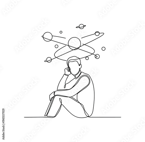 Human Cosmic Thought. Minimalistic one-line drawing person sitting beneath small orbiting planets symbolizing inner universe, continuous single black line on