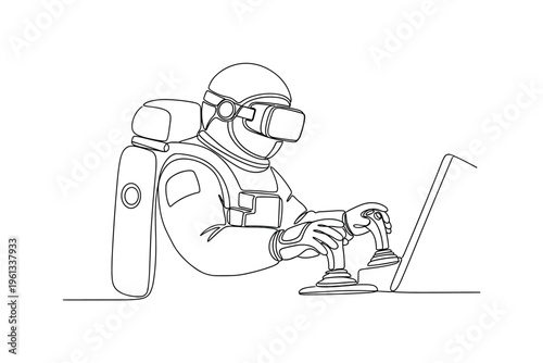 Space Mission VR Training. Minimalistic one-line drawing astronaut using virtual reality goggles interacting with simulated spacecraft controls, continuous
