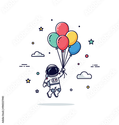 Playful tiny astronaut floating adorable astronaut holding several colorful balloons drifting gently in a whimsical starry sky. Minimalist flat