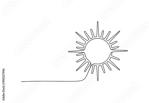 Solar Radiance Mark. Minimalistic one-line drawing sun circle with smooth outward rays creating minimalist solar sign, continuous single black line on white