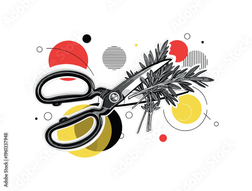 garden scissors herb harvest with floating circles abstract shapes and lines, black and white garden scissors cutting fresh herbs with white outline cut-out